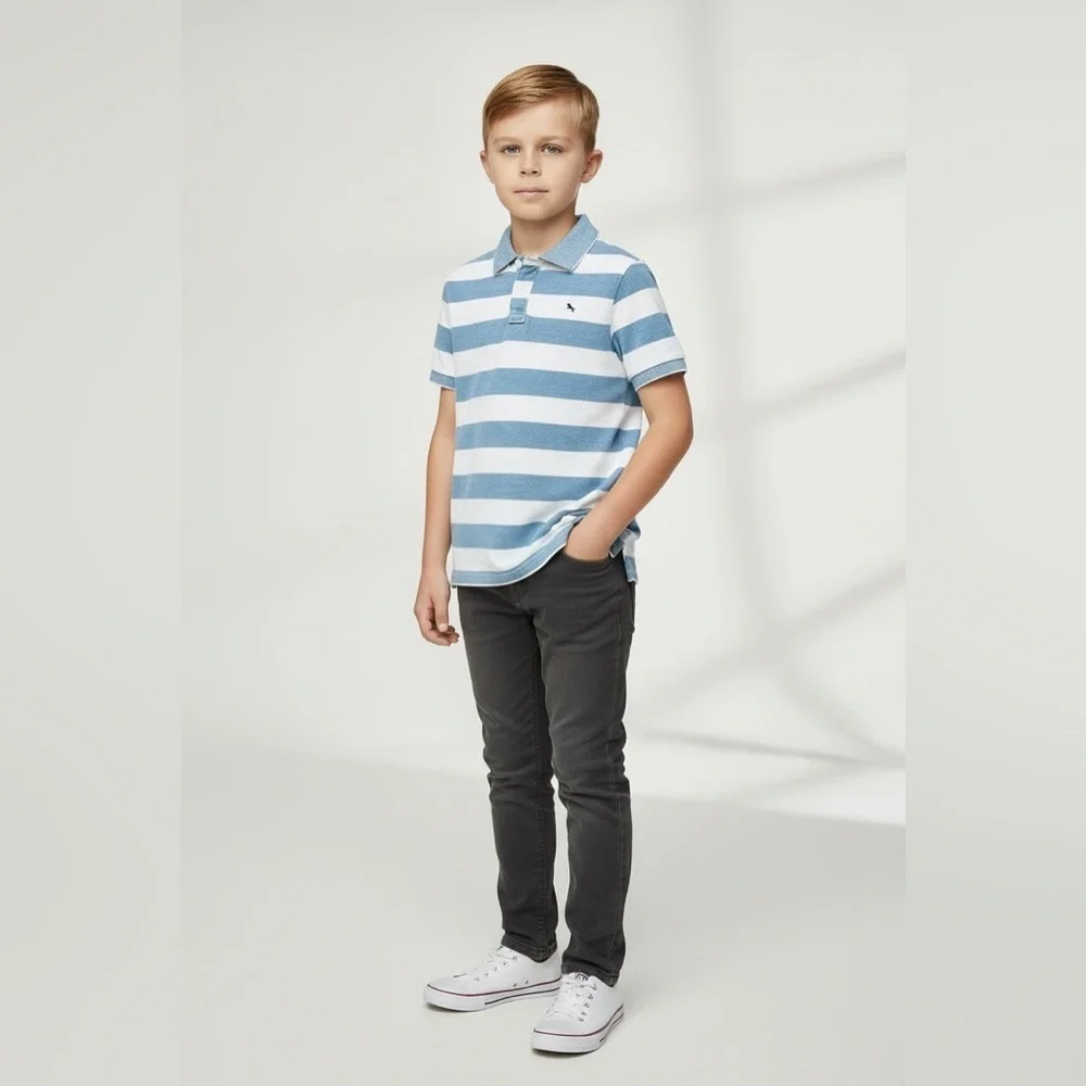 H & M L.O.G.G. polo shirt boy 6-8 years white/blue striped collar buttons cotton